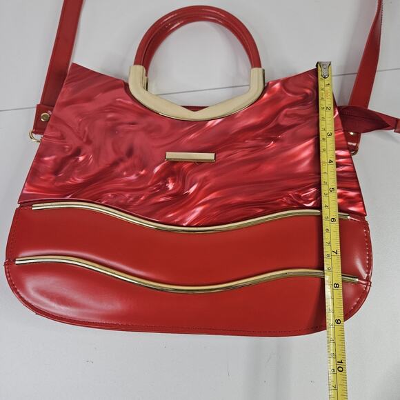 Retro Inspired Glossy Statement Handbag Red Gold Accents Acrylic Shoulder Purse - Picture 11 of 14